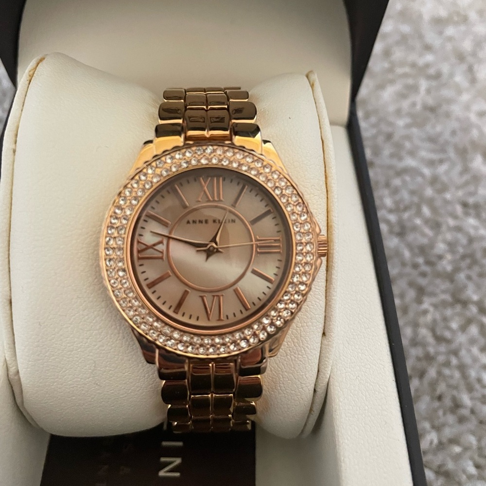 NWT & box Anne Klein Womens watch w/ gold bracelet strap and stone face